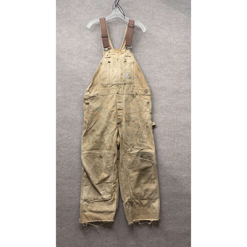 Carhartt Bib Overalls Mens 38x30 Beige Duck Canvas Distressed Workwear‎
